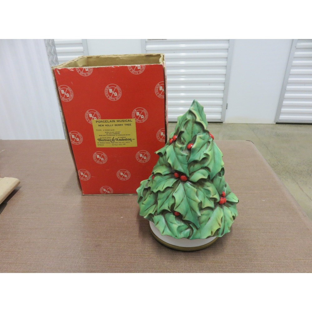Vintage 1982 Berman & Anderson Porcelain Musical Holly Berry Tree O Tannenbaum